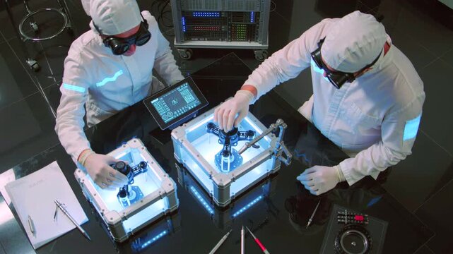 Engineers in protective gear calibrating highprecision systems accurately, Technicians in hygienic suits meticulously assembling and inspecting advanced electronic devices in controlled environment