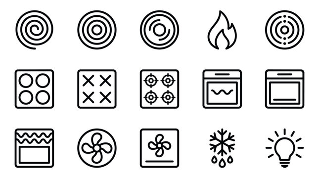 Collection of black line icons representing oven and stove functions, including various heating elements, convection fan, grill, defrost, and light symbols in a minimalist graphic style