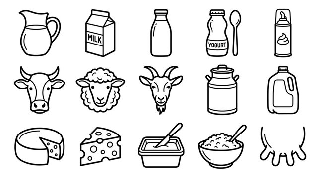 Set of black line art icons representing dairy products and farm animals like milk, cheese, yogurt, a cow, and a sheep, drawn in a simple minimalist outline style