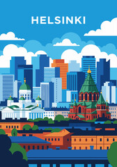 Obraz premium Helsinki Cityscape Vector Illustration with Iconic Landmarks and Modern Architecture