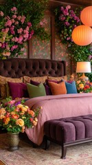 Luxurious bedroom with plum velvet bed, pink duvet, colorful cushions, and abundant floral arrangements glow.!