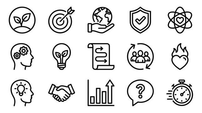 Set of black line business icons representing core values like growth, strategy, teamwork, passion, and global responsibility, rendered in a clean, minimalist vector graphic style