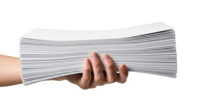 Hand holding stack of papers isolated on transparent background