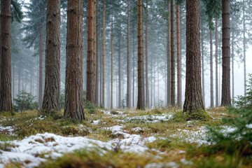 Obraz premium First Green Grass Emerging Through Melting Snow in a Serene Forest