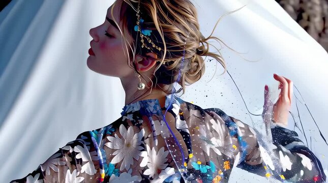 Una joven con un vestido floral y un maquillaje llamativo, extendiendo los brazos en un gesto de alegr&iacute;a y libertad, rodeada de part&iacute;culas luminosas.