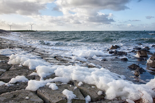 De zeewering aan de kust van de Oosterschelde zorgt voor bescherming tegen het zeewater bij hoog water en storm en maakt onderdeel uit van de Deltawerken in Nederland