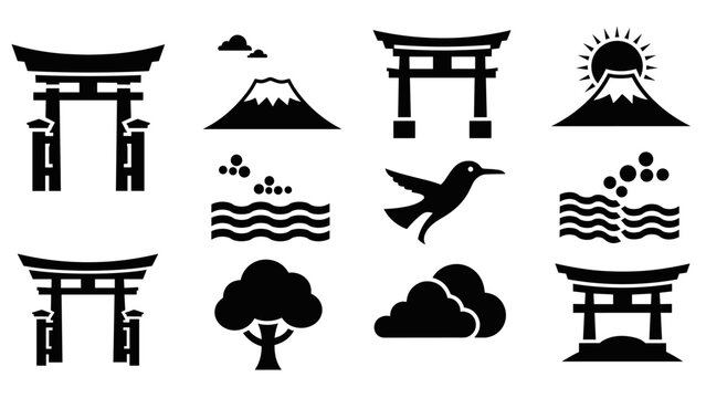 Japanese symbols silhouette set: torii gates, fuji, hummingbird, nature elements