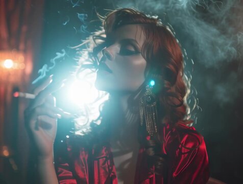 Una mujer con un vestido rojo y labios carmes&iacute; fuma un cigarrillo en un ambiente teatral y misterioso.