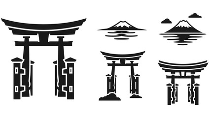 Iconic japanese torii gates and mount fuji silhouettes in black and white design