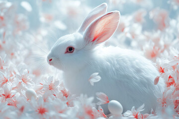 Cute rabbit in a floral setting, symbolizing renewal and freshness of the season