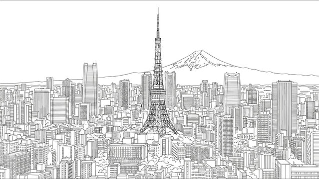 Tokyo cityscape with tower and mount fuji: intricate line art