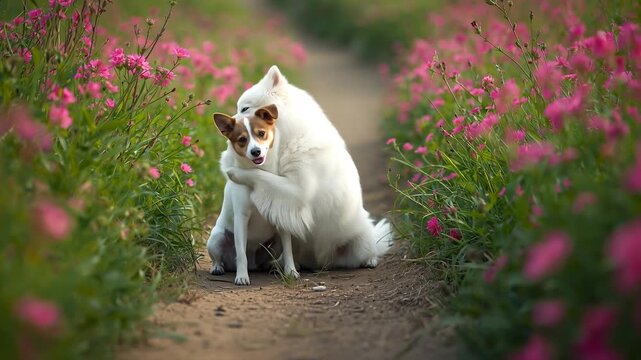 A fluffy Samoyed lovingly hugging a Jack Russell Terrier while sitting on a country path surrounded by lush green vegetation and pink wildflowers