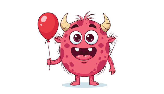 Cute red monster cartoon character with horns and spots holding a red balloon for kids birthday party designs and playful branding