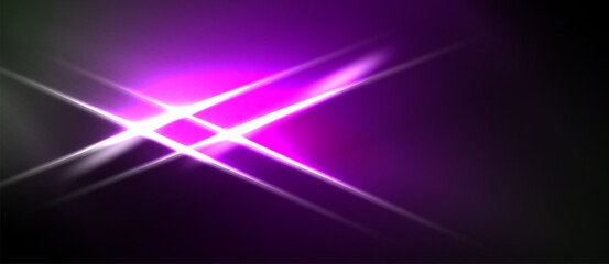 Obraz premium Abstract purple light streaks intersect dark background. Bright energy radiates from central point, creating dynamic visual effect.