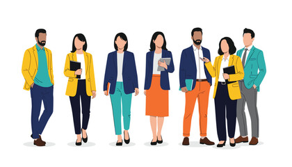 Obraz premium Diverse business team vector illustration featuring professional men and women in colorful modern office attire for corporate branding and website