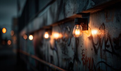 Decorative string lights illuminate textured wall at dusk
