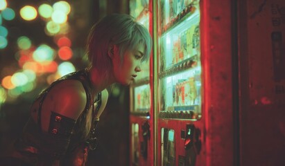 Person looking at illuminated vending machine with colorful background lights