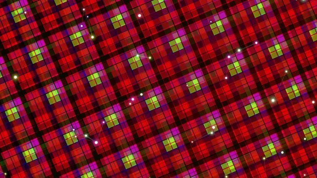 Vibrant Red Plaid Pattern with Yellow and Purple Accents, Abstract Background, Top-Down View