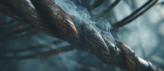 Close up of smoking electrical cable concept of danger and potential problems