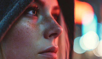 Close up portrait of a woman with freckles illuminated by colorful lights