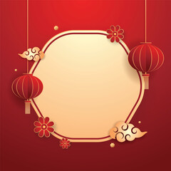 Happy Chinese new year 2026. Chinese new year banner for show product. Greeting card. China frame with lantern on red background.