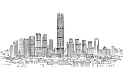 Fototapeta premium Futuristic cityscape skyline with modern skyscrapers in linear outline style