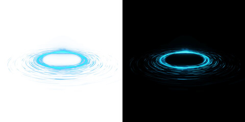 Digital illustration of blue water ripple circles with neon glowing light effect and liquid splash rings for motion graphics on transparent background PNG © Tomash
