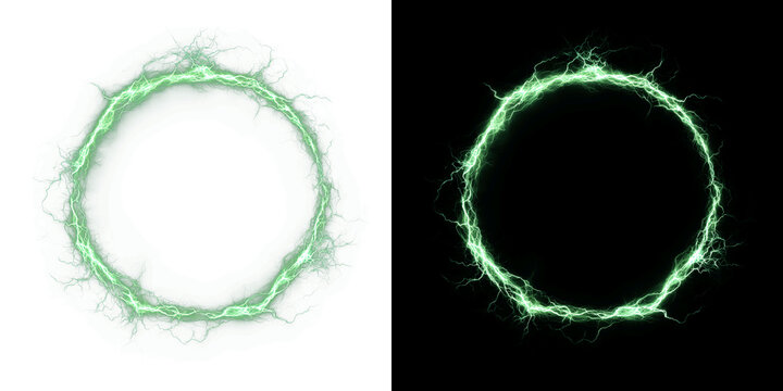 Circular green lightning bolt frame with electric sparks and toxic neon energy glow ring on transparent background PNG