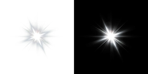 Fototapeta premium Bright white inclined star with four points and glowing light flare effect featuring a clean minimalist design for creative layouts on transparent background PNG