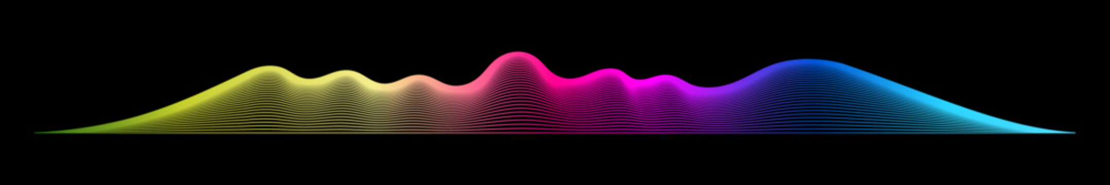 Colorful sound wave background. Smooth flowing lines form a colorful waveform on a dark background, representing music, rhythm, vibration, technology, digital signal. Ideal for media and tech themes.