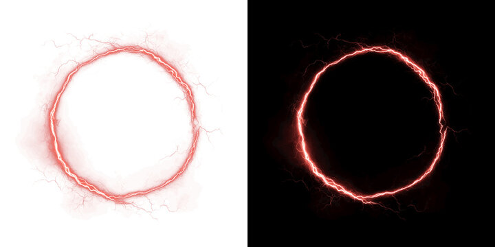 Abstract red electric lightning circle frame showing powerful energy discharge and glowing plasma ring on transparent background PNG