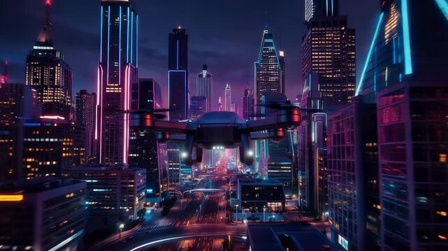 Futuristic cyberpunk cityscape with glowing skyscrapers and elevated roads illuminated by neon lights at night against dark sky. Concept of advanced urban future and smart cities
