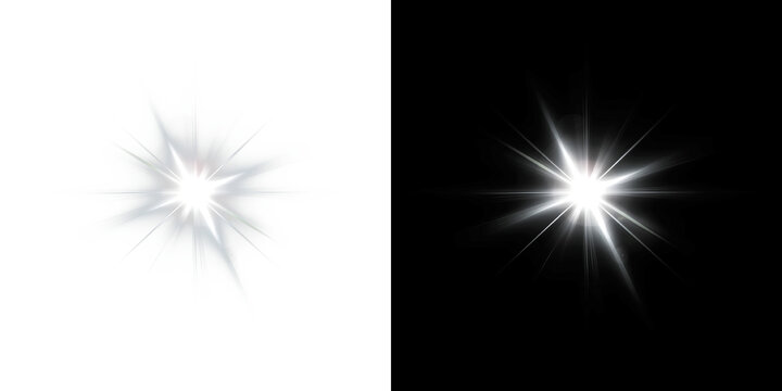 Bright white inclined star with four points and glowing light flare effect featuring a clean minimalist design for creative layouts on transparent background PNG