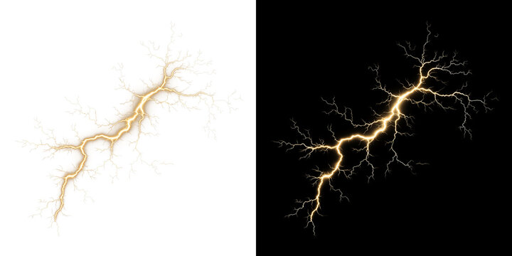 Realistic yellow electric lightning bolt strike showing powerful energy discharge and thunder storm flash on transparent background PNG