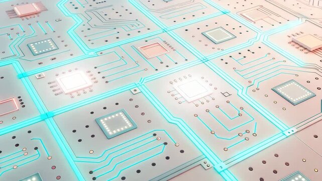 Circuit Board Microchip Data Flow Animation Close-up, Digital Technology Concept, Stock Media