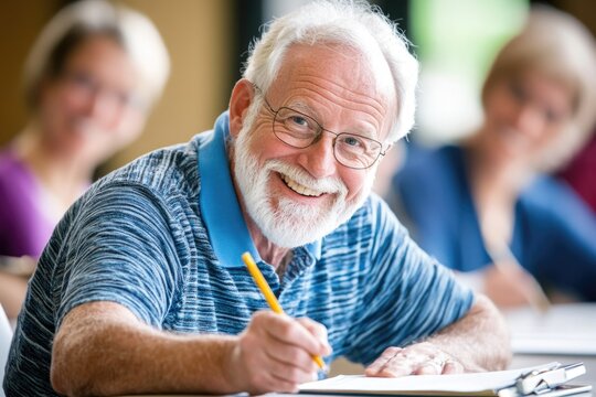 Elderly man smiling in classroom setting while engaging in lifelong learning activity