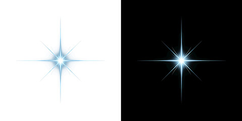 Bright blue star flash with sharp light rays and glowing lens flare effect for winter or magic decoration overlay on transparent background PNG © Tomash