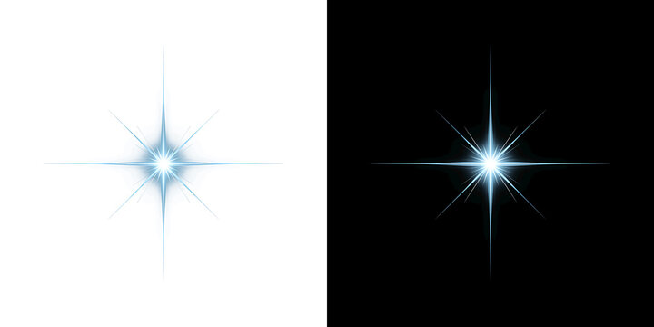 Bright blue star flash with sharp light rays and glowing lens flare effect for winter or magic decoration overlay on transparent background PNG