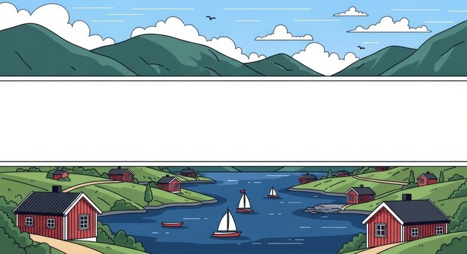 Flat design cartoon style layout with empty space for story text above a landscape of houses by river. Illustrated template for web comic or book page.