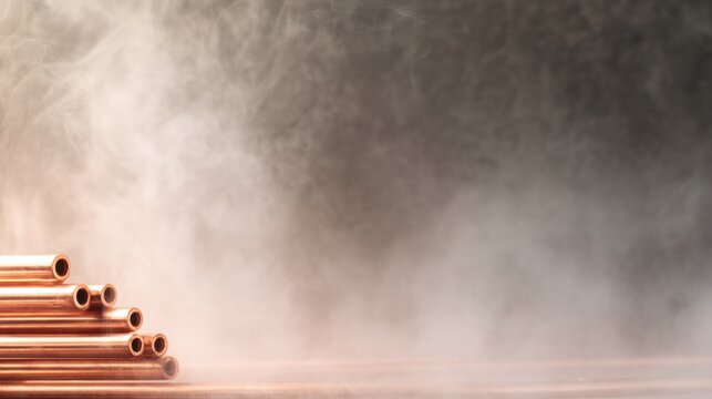 Rustic copper pipes on wooden table, restoration workshop vibe, heating system prep, plumber tools suggested, warm amber smoke, textured wood surface, dramatic contrast, space for headline
