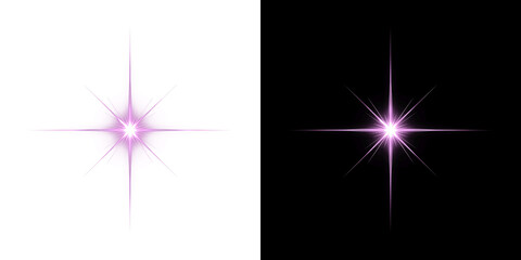 Shining purple light star flash with long cross rays and glowing lens flare effect for magic or fantasy decoration overlay on transparent background PNG © Tomash