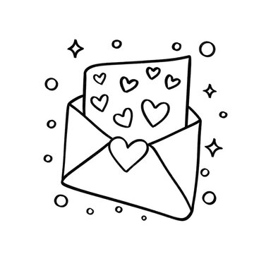 Hand-drawn envelope with heart-filled letter and sparkles in black and white line art, symbolizing love and heartfelt messages