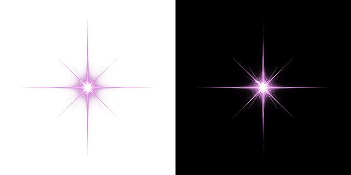 Shining purple light star flash with long cross rays and glowing lens flare effect for magic or fantasy decoration overlay on transparent background PNG