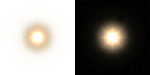 Glowing warm white starburst light with soft rays and bright center for sun flash or magic sparkle effect overlay on transparent background PNG © Tomash