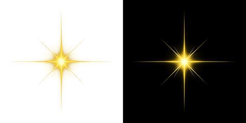 Shining golden yellow star flash with sharp cross rays and glowing light effect for Christmas or magic decoration overlay on transparent background PNG © Tomash