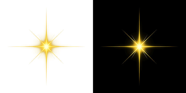 Shining golden yellow star flash with sharp cross rays and glowing light effect for Christmas or magic decoration overlay on transparent background PNG