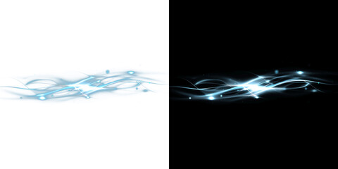 Horizontal abstract blue light swirl with glowing energy lines and magic dust particles for technology motion design on transparent background PNG © Tomash