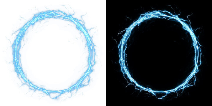 Futuristic blue electric lightning circle frame showing powerful energy discharge and glowing plasma ring for magic effect design element on transparent background PNG