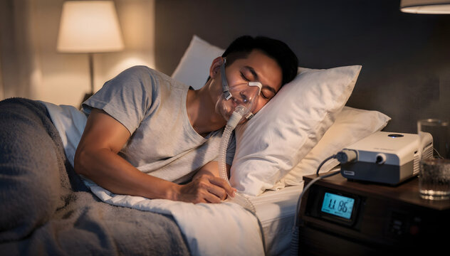 Man Asleep with CPAP Machine for Sleep Apnea, Breathing Support, Healthcare, Medical Treatment, Respiratory Therapy, Prevention, Wellness, Comfortable, Serene, Dark Bedroom