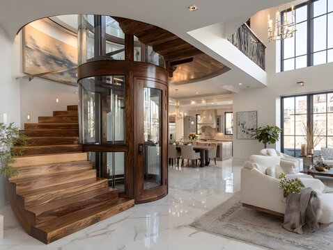 Sophisticated luxury home interior features a cylindrical glass elevator with wood accents, floating stairs, and polished marble flooring.